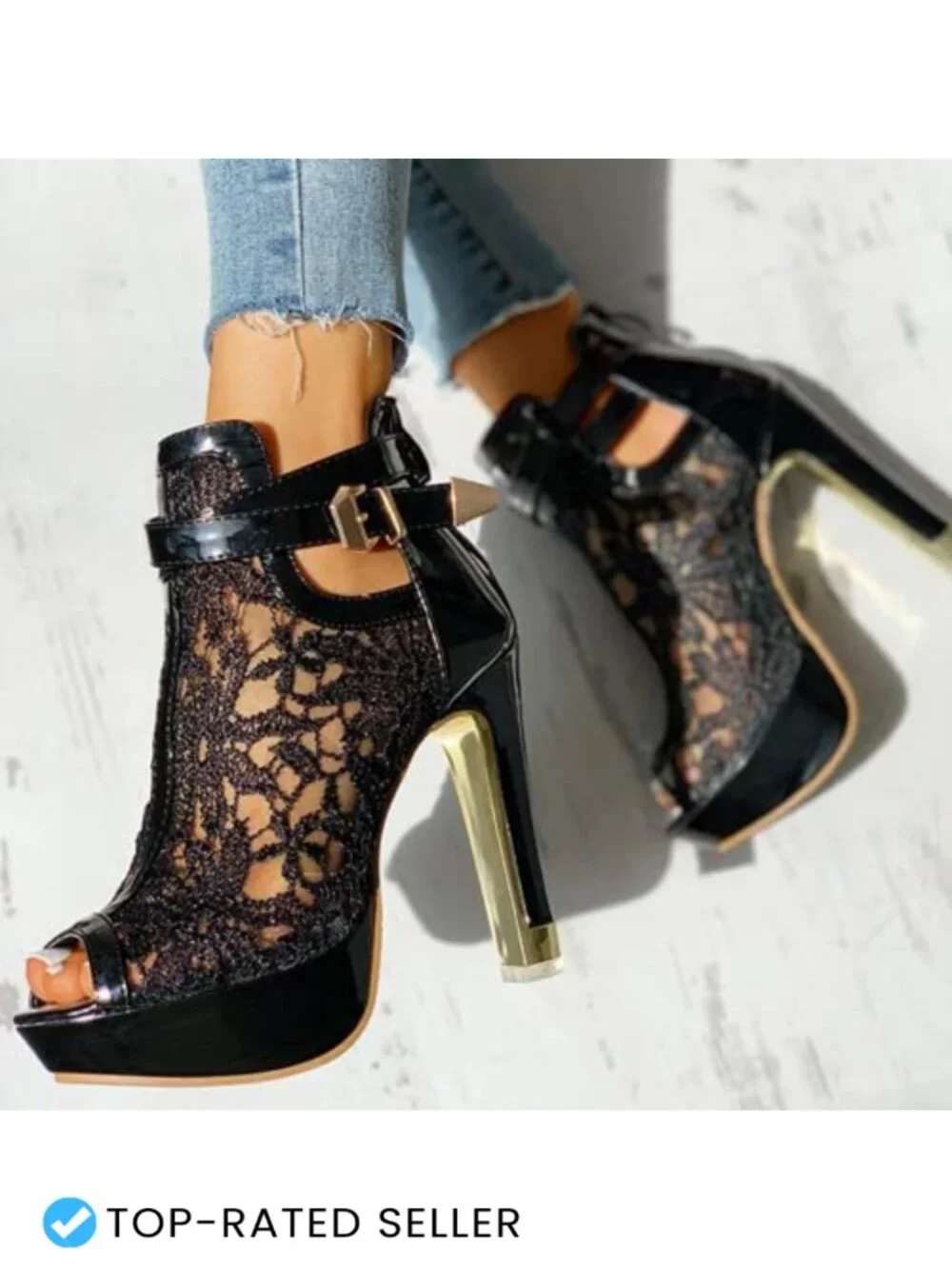BORAMAX Women's Lace Flowers Open Toes High Heels Ankle Boots Platform Peep Toe